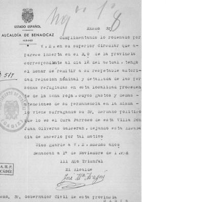 Carta enviado al Gobierno Civil por el alcalde de Benaocaz (La Voz)