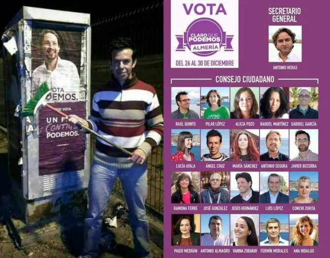 El padre de Gabriel, pegando un cartel electoral de Podemos.