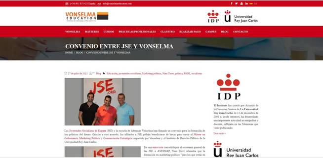 Captura de la web de Vonselma donde el instituto anunció el acuerdo con JSE.