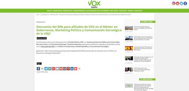 Captura de la web de Vox en la que se anuncia el acuerdo con Vonselma.