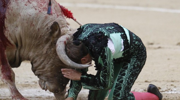 Javier Cortés, con la cabeza entre los pitones del sobrero