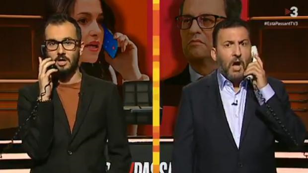 Momento del 'sketc' de «Està passant» que recrea la conversación entre Arrimadas y Torra - TV3