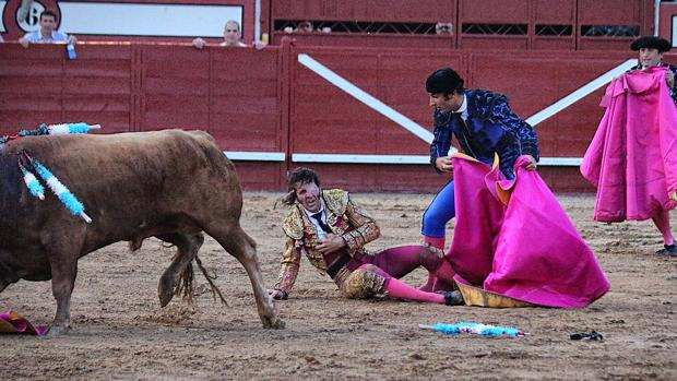 Juan José Padilla, en la arena tras ser cogido por el cuarto toro - Fotos: Mundotoro