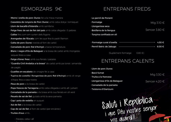 Carta de el restaurante Nova Font Blanca, situado en Balaguer (Lérida). 