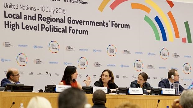 La alcaldesa, durante su intervención en Nueva York