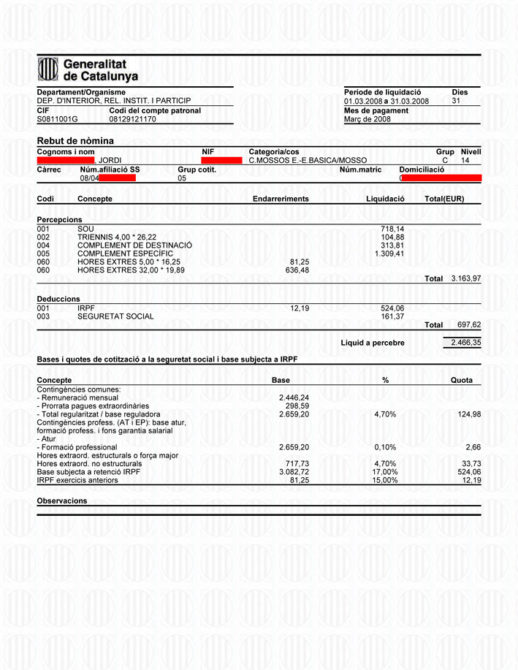 Nómina de un mosso de marzo de 2008.
