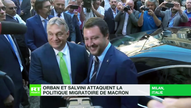 El primer ministro húngaro, Viktor Orbán, y el ministro italiano del Interior, Matteo Salvini, en Milán (Italia), el pasado 28 de agosto. (Imagen tomada de un vídeo de RT France).