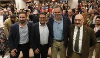 Abascal, Serrano y Ortega Smith, en un acto electoral de Vox