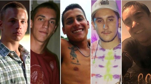Los cinco amigos acusados: Lucas Pitman (21), Tomás Jaime (23), Juan Cruz Villalba (23), Emanuel Díaz (23) y Roberto Costa (21) - Infobae