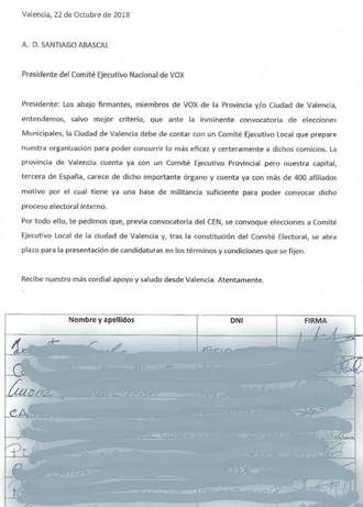 La carta en la que militantes de Vox reclaman a Abascal la constitución de un comité local en Valencia