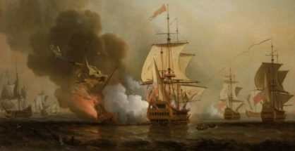 Cuadro de Samuel Scott con «La acción de Wager», el hundimiento del galeón San José