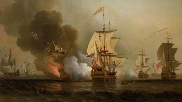 Cuadro de Samuel Scott con «La acción de Wager», el hundimiento del galeón San José 