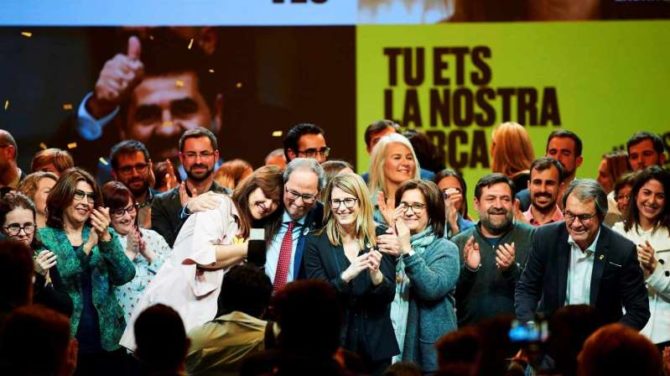 La candidata Laura Borràs, junto a Quim Torra en la apertura de campaña de Junts per Catalunya.