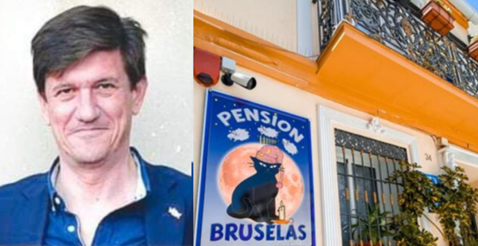 Fernando González y la fachada del hostal Bruselas